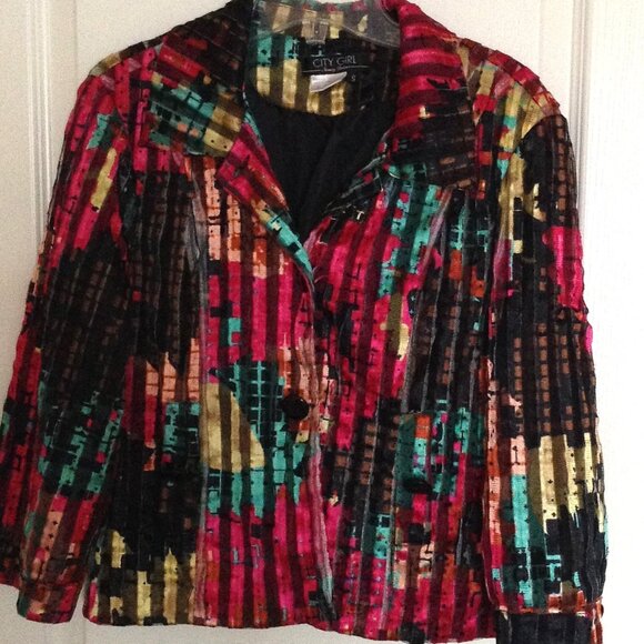 City Girl Nancy Bolen Women's Multicolor Cropped Jacket Size S Christmassy Party - Picture 1 of 7